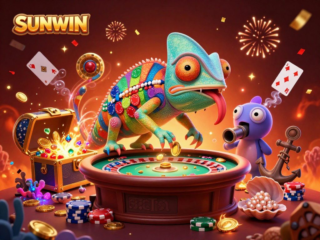 SUNWIN brings high-stakes excitement as a chameleon casino owner watches the games, snapping up golden coins amidst a colorful sea