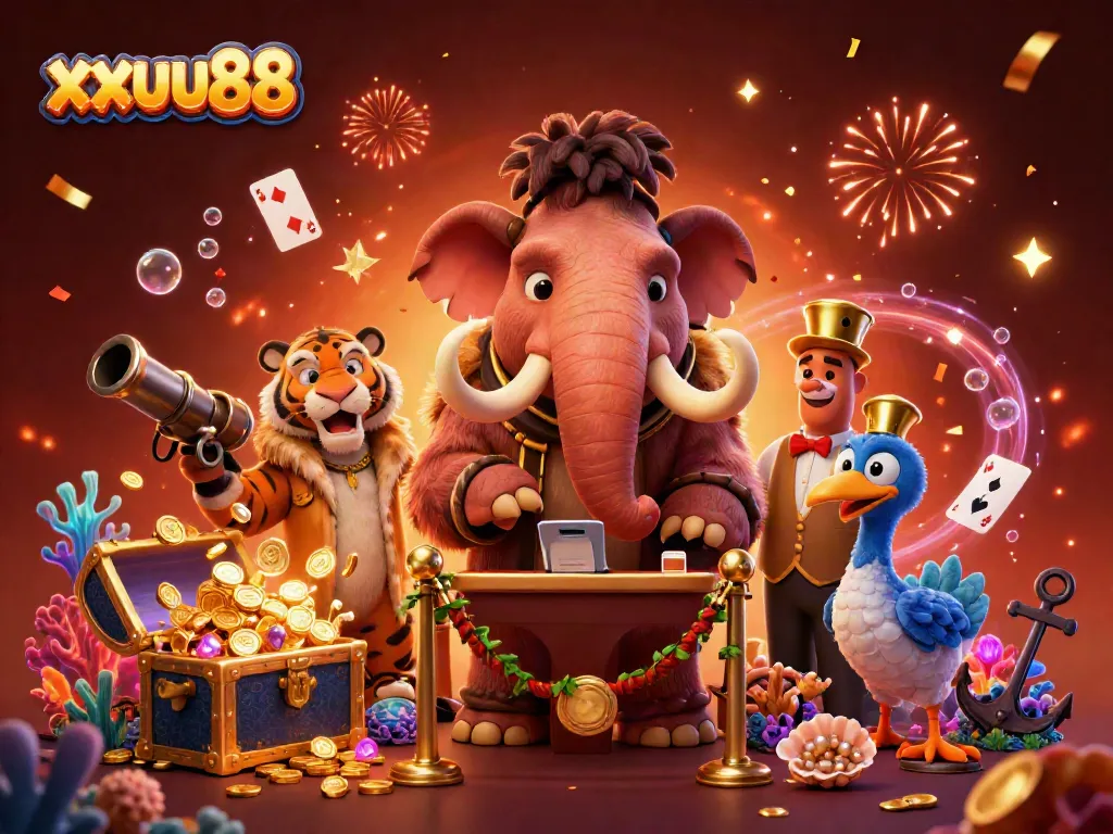 Experience the vibrant allure of xxuu88 at this dynamic casino scene featuring animal characters and gold treasures.