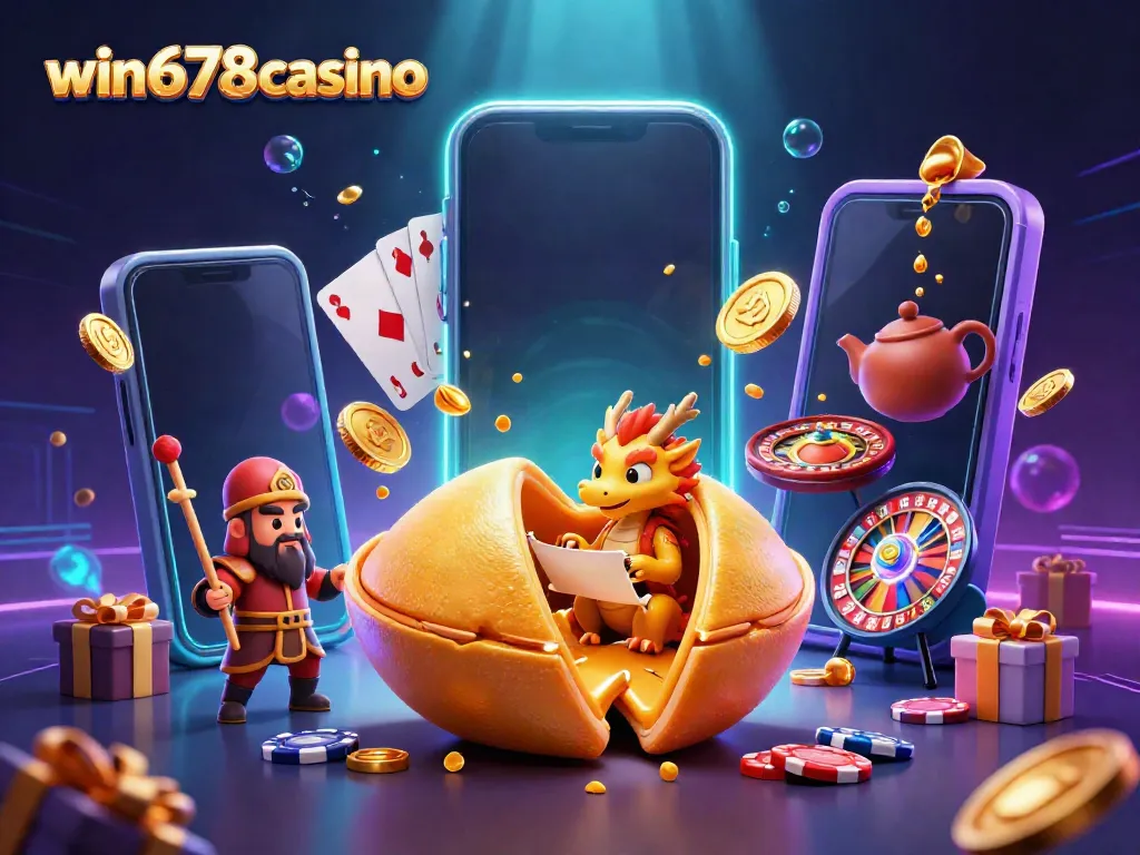 Experience the excitement of win678casino with a vibrant 3D illustration of a golden fortune cookie, a dragon, and engaging gaming elements.