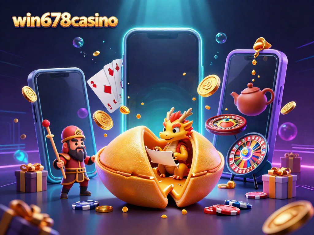 Experience the excitement of win678casino with a vibrant 3D illustration of a golden fortune cookie, a dragon, and engaging gaming elements.