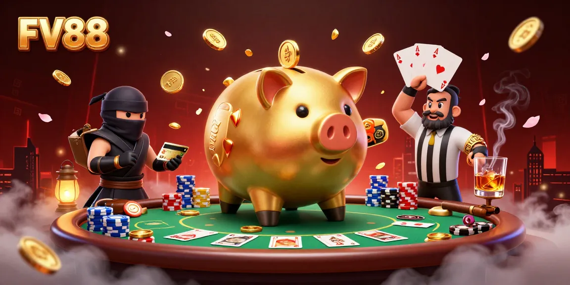Engage with the vibrant FV88 gaming scene featuring a gold piggy bank wrestler amidst poker elements.