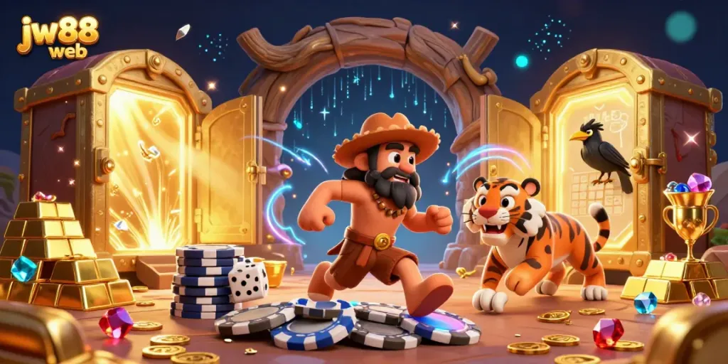 Experience the vibrant, prehistoric casino world of jw88 web where a caveman and a sabertooth tiger play with treasures.