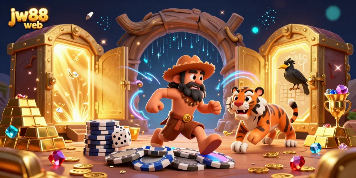 Experience the vibrant, prehistoric casino world of jw88 web where a caveman and a sabertooth tiger play with treasures.