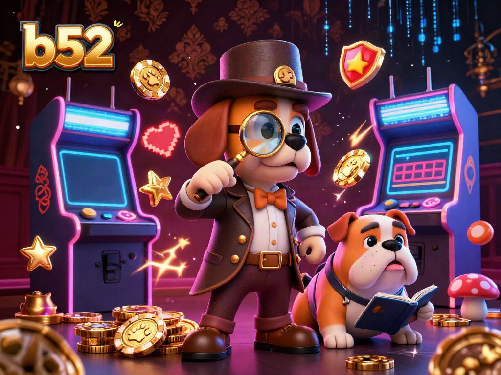 B52 gaming detectives uncovering treasures amid vibrant casino elements.