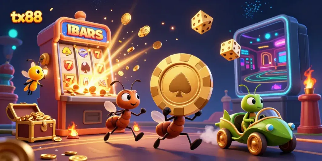 Engage in the thrilling world of tx88 with cartoon ants stealing a giant poker chip in a vibrant casino tunnel.