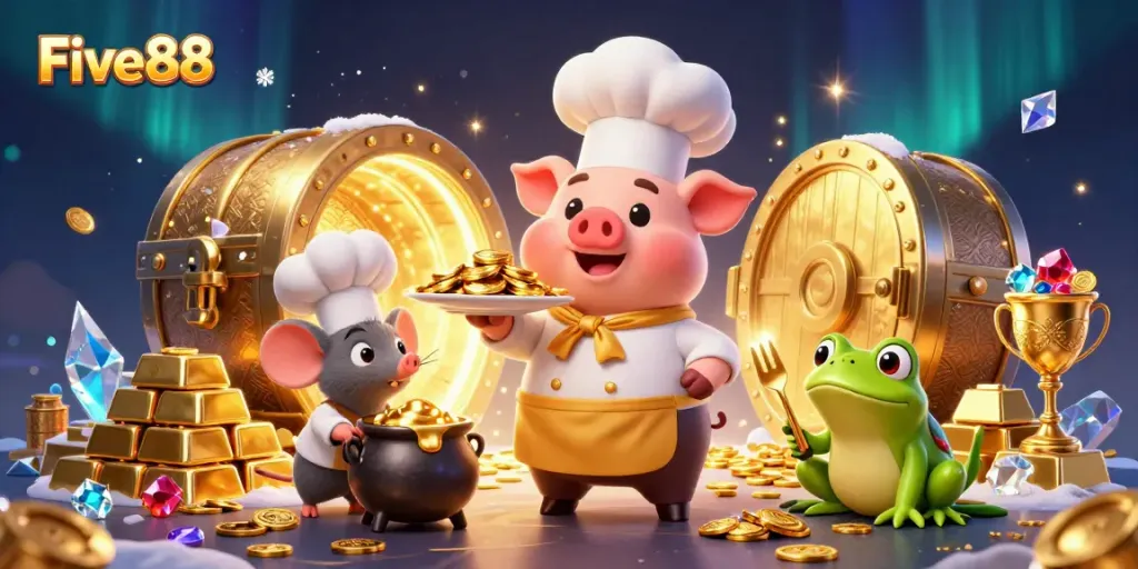 Experience Five88's exciting gaming world with a chef pig serving gold coins in this vibrant casino scene.