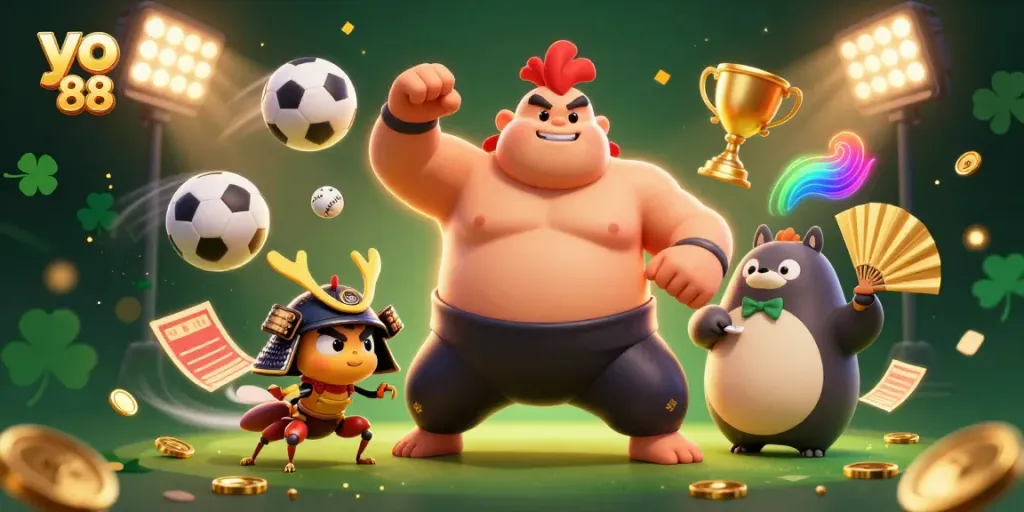 Experience the thrill of yo 88 with our vibrant casino-themed illustration featuring action-packed characters and dynamic elements.