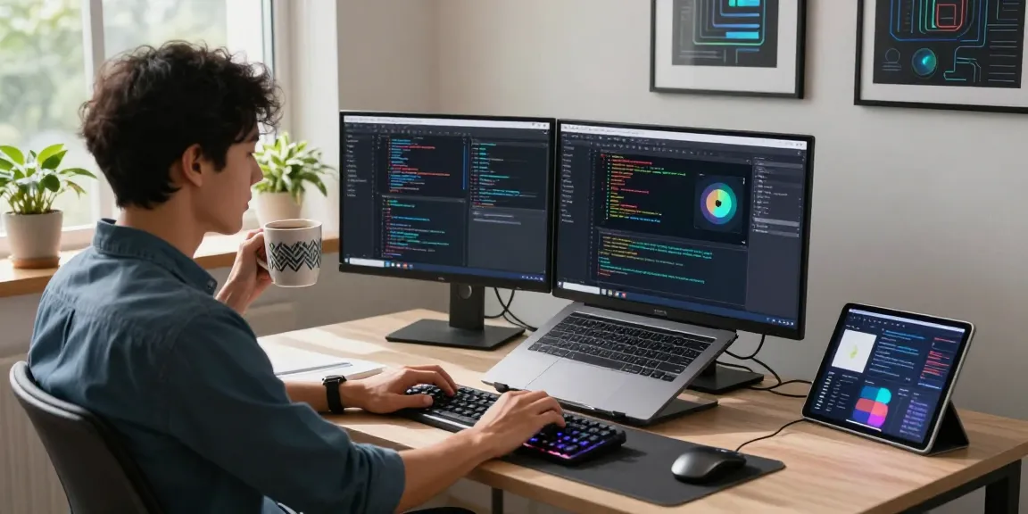 A young professional using an M5 MacBook in a modern tech workspace with dual monitors and vibrant decor.