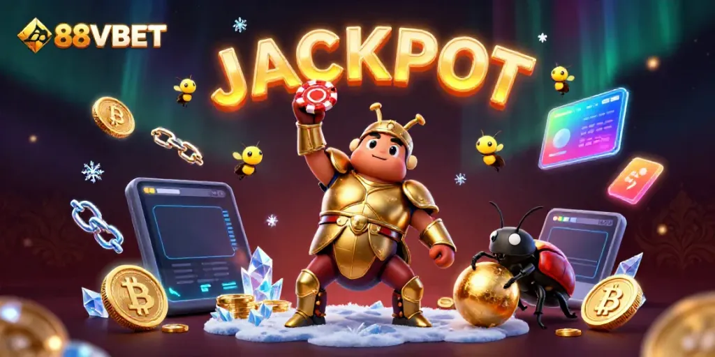 Participate in exciting wins with the 88VBET jackpot scene featuring vibrant characters and casino elements.