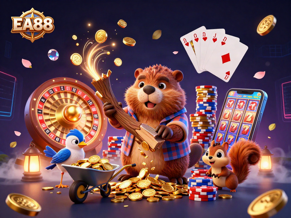 EA88 showcases a vibrant 3D cartoon scene with lively characters celebrating casino wins.