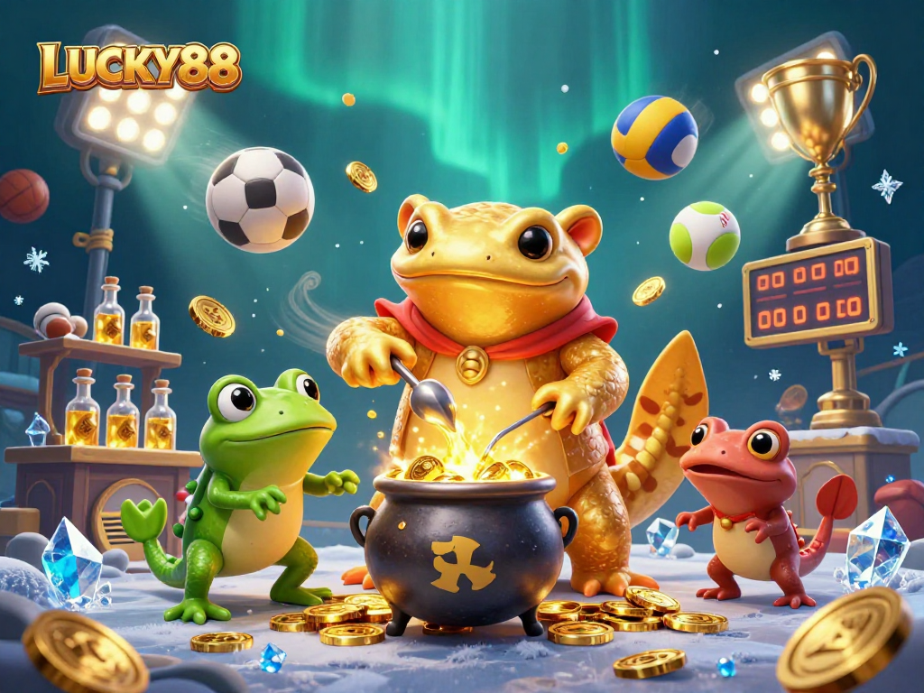 LUCKY88 captures an alchemist creating gold while sports balls soar in a magical underwater world.