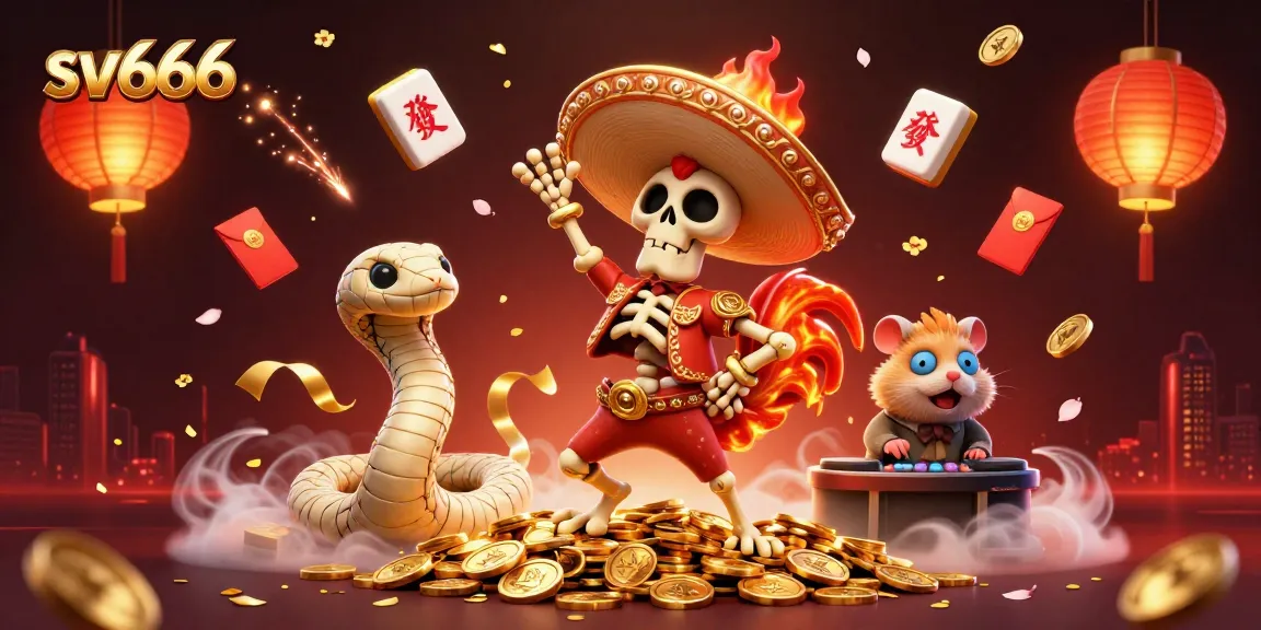 Engage in thrilling gaming with sv666, as a mariachi rooster and friends celebrate a jackpot amidst vibrant casino elements.