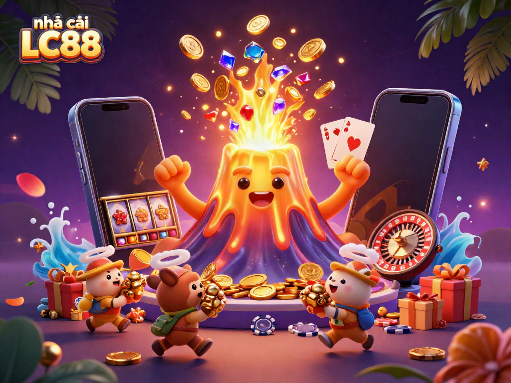 Experience the thrill at nhà cái LC88 with a vibrant scene of triumph, treasure, and casino games.