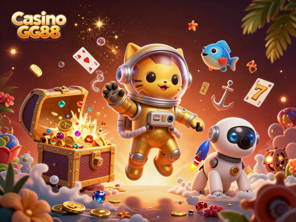 Experience the thrill of Casino GG88 with an astronaut cat and robot dog in an epic gaming adventure.