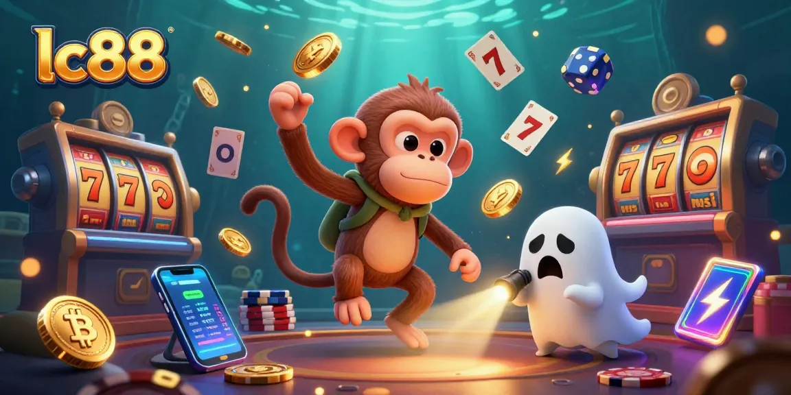 Engage with lc88 slots as a playful poltergeist monkey juggles golden coins amidst haunted charm.