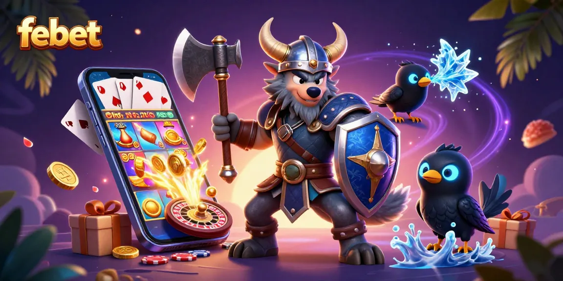 Engage with febet's thrilling online gaming adventures featuring Viking and dragon in a dynamic casino scene.