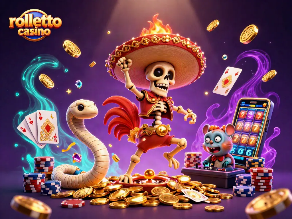 Experience the thrill at rolletto casino with lively characters celebrating around golden coins.
