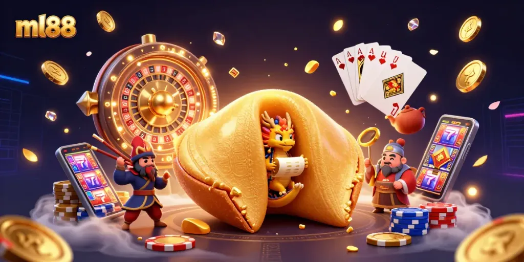 Engage with ml88’s vibrant casino scene featuring a golden fortune cookie and dynamic gaming elements.