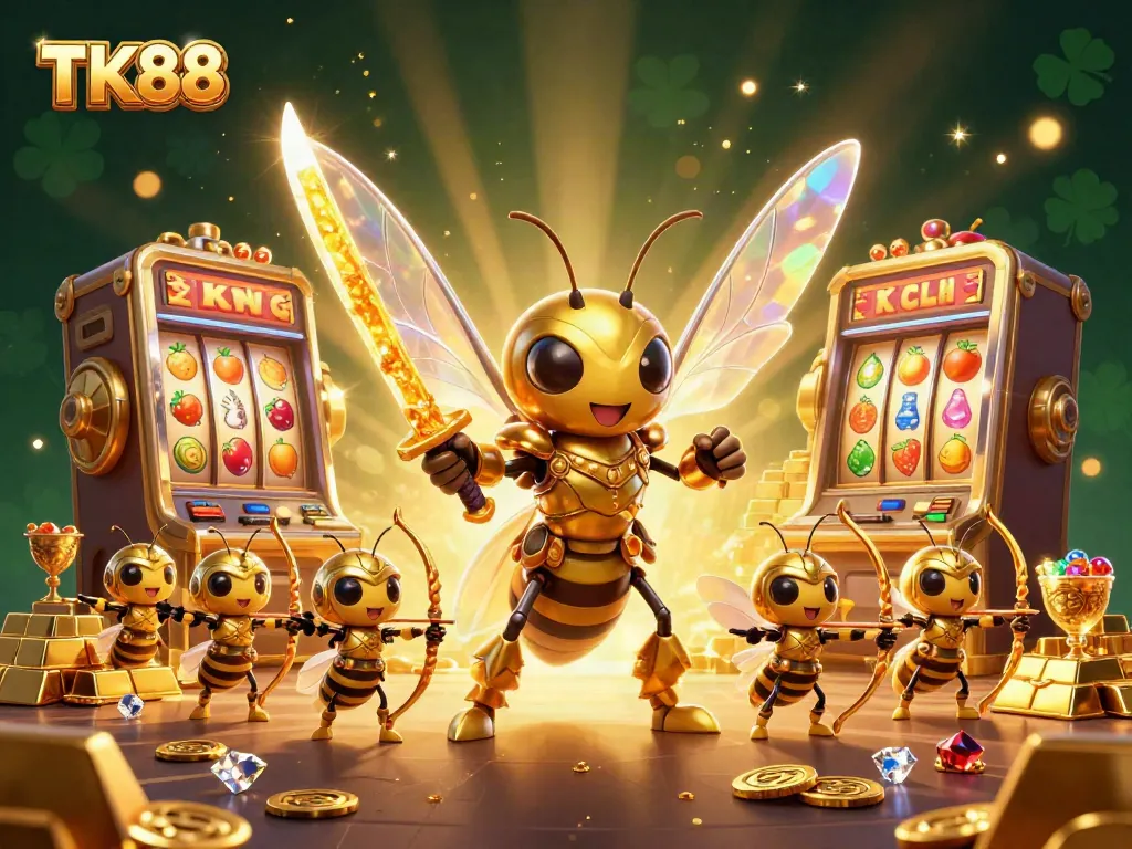 Engage in thrilling casino action with TK88 featuring a 3D golden hornet samurai amidst slot machines and treasure.