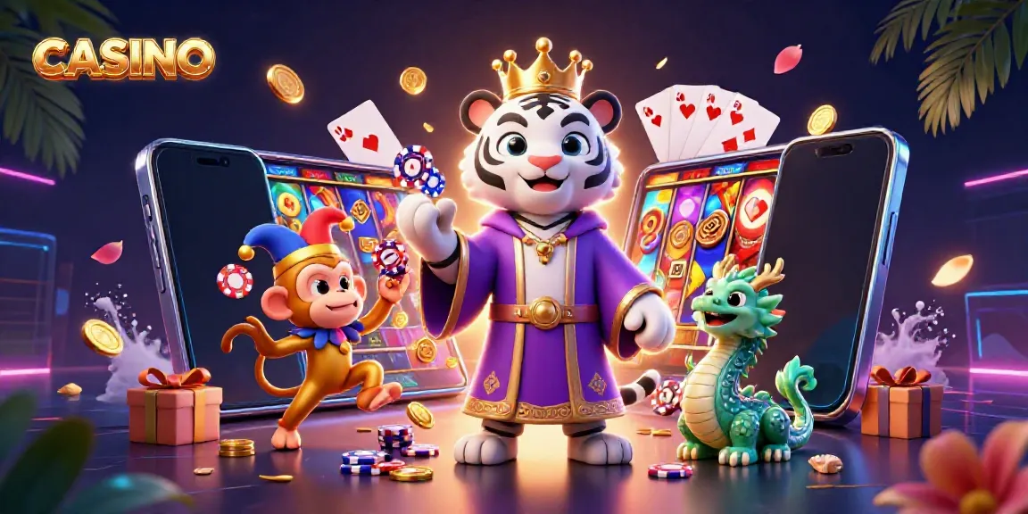 Engage with the vibrant casino scene featuring an elegant tiger, playful monkey, and jade dragon.