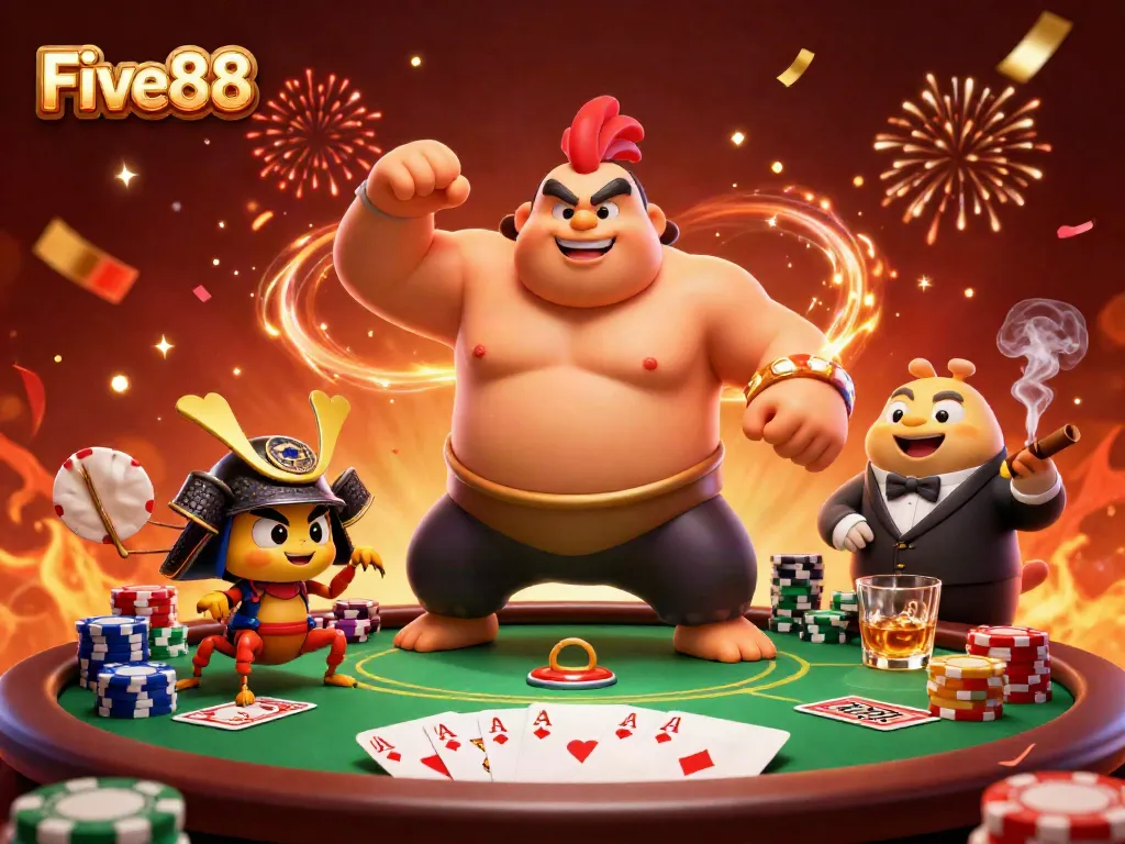 Experience the thrill at Five88 with lively characters and vibrant gambling elements in a festive casino scene.