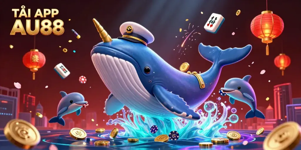 TẢI APP AU88 illustration with a cartoon whale and dolphins in a vibrant casino scene.