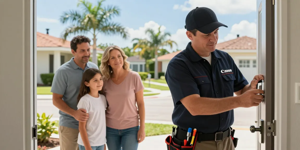 South Florida locksmith assisting a family with a home lock issue, showcasing professional service and community trust.