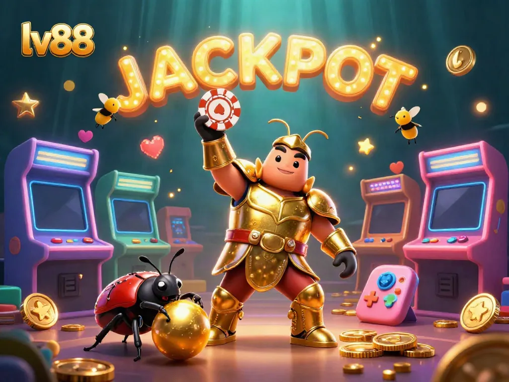 Experience the excitement of lv88 casino with a jubilant beetle character celebrating a jackpot victory.