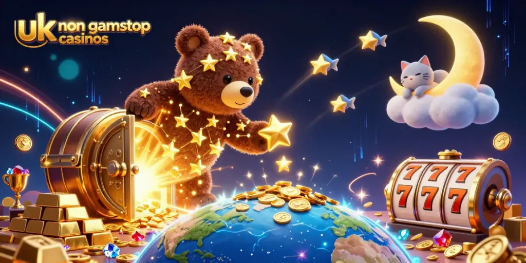 Experience fun and excitement with these vibrant uk non gamstop casinos depicted in a magical 3D illustration.