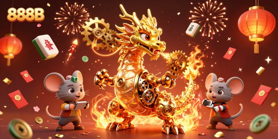 Experience thrilling action with 888B at this vibrant casino scene featuring a golden dragon and festive elements.