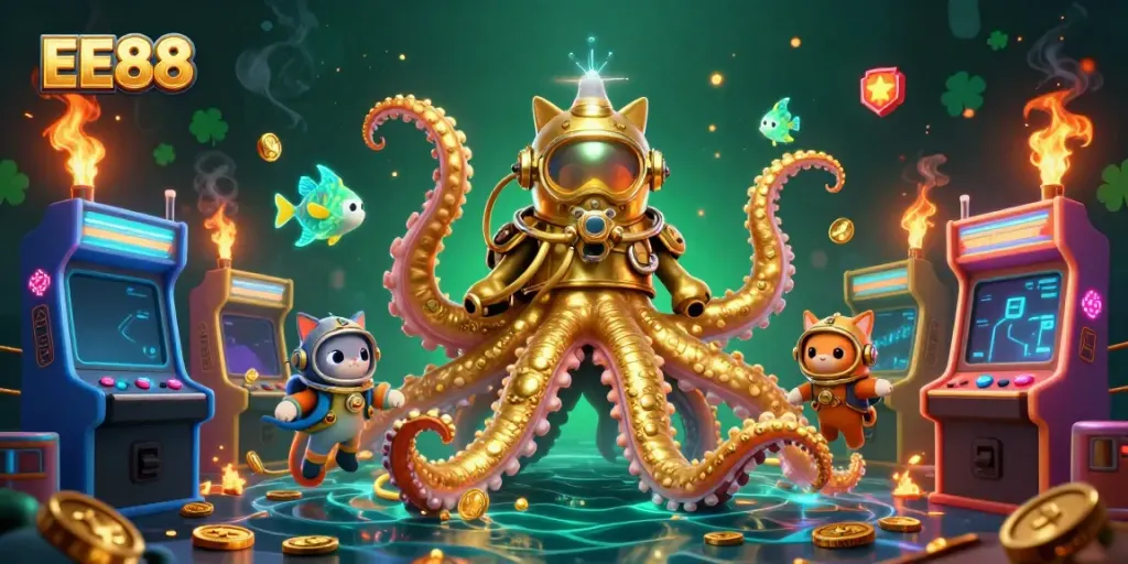 Experience thrilling play with EE88’s colossal kraken and gaming arcade in a rich casino-themed illustration.