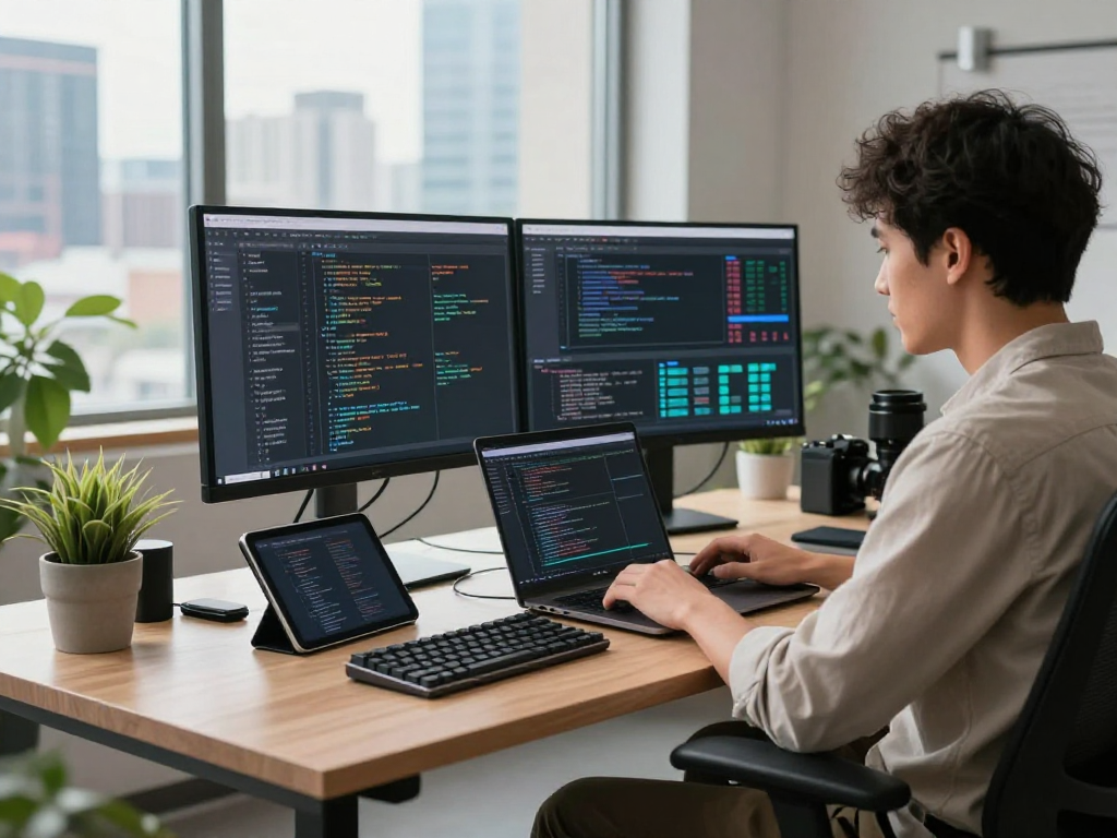 Dynamic tech workspace showcasing a programmer coding with monitors and gadgets highlighting net88.
