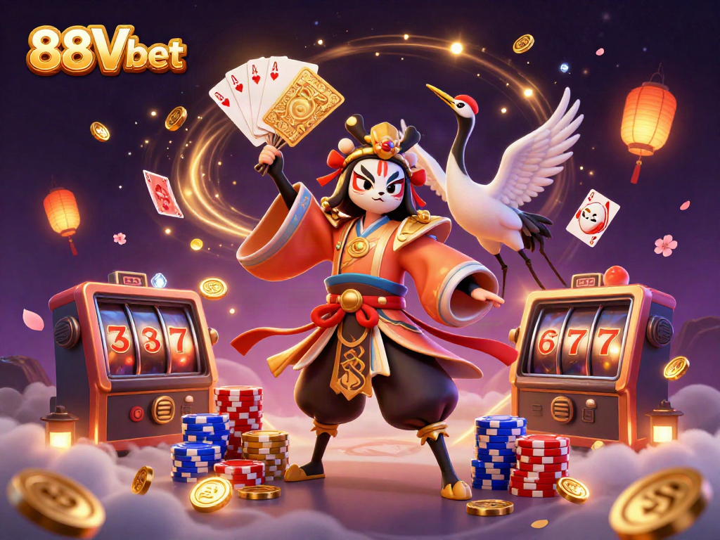 Experience dynamic winnings with 88Vbet in a vibrant casino illustration featuring classic game elements.
