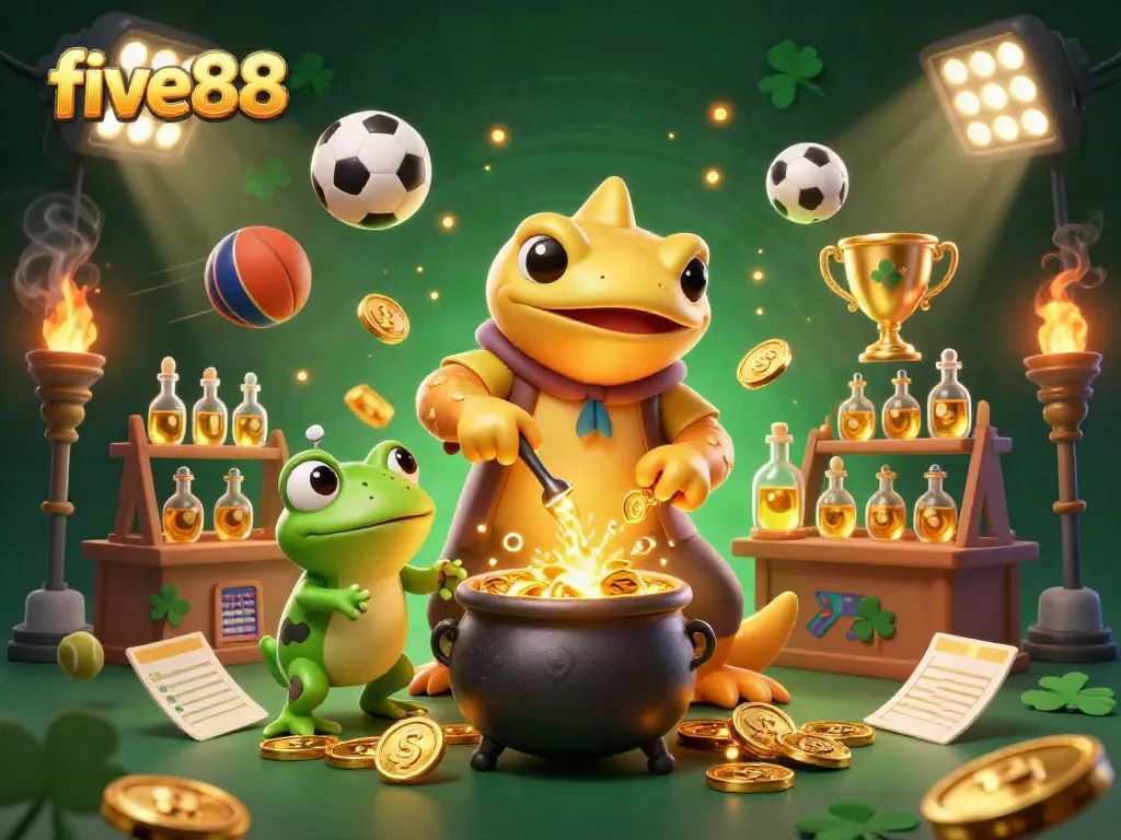 Engage with five88's thrilling casino experience: a golden salamander alchemist transforms metals while players enjoy dynamic sports betting.