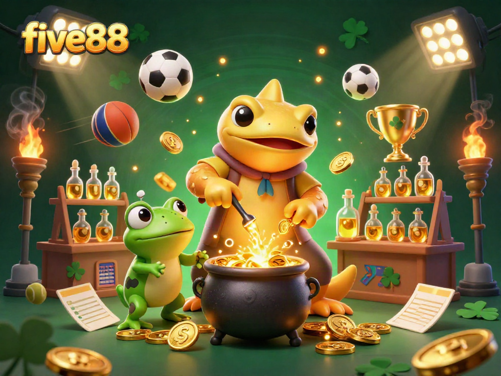 Engage with five88's thrilling casino experience: a golden salamander alchemist transforms metals while players enjoy dynamic sports betting.