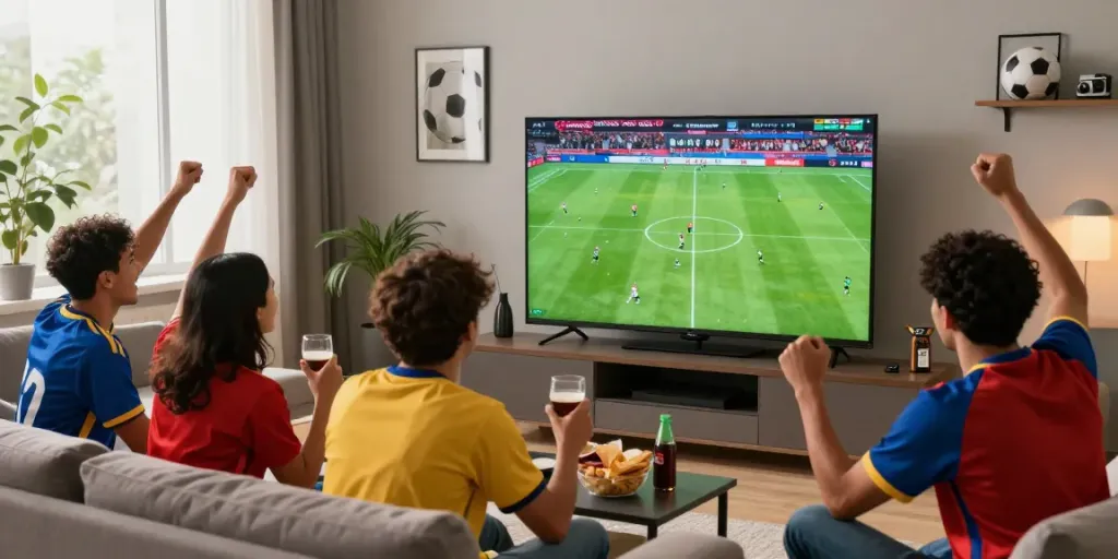 Cheerful football fans enjoying a live Gavangtv match in a vibrant living room.