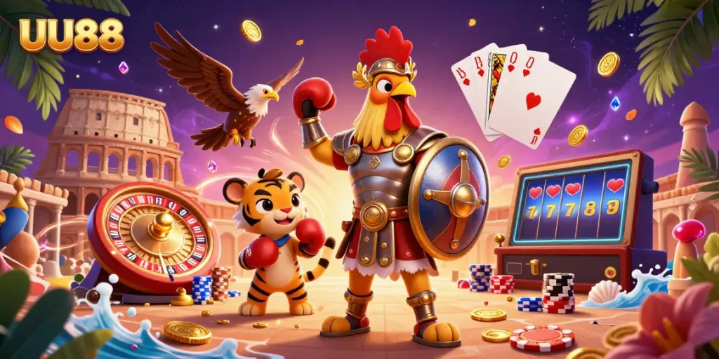 Experience thrilling gameplay at UU88 with a dynamic scene of a gladiator rooster, tiger cub, and eagle, in a rich casino atmosphere.