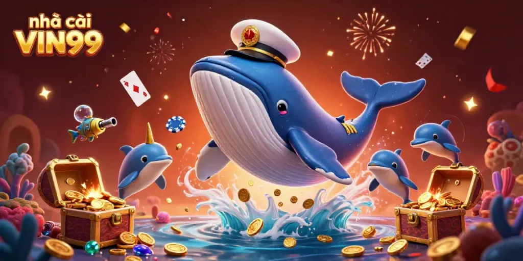 Catch the action with nhà cái VIN99, featuring a vibrant scene of gaming dolphins and a cartoon whale amidst golden treasures.