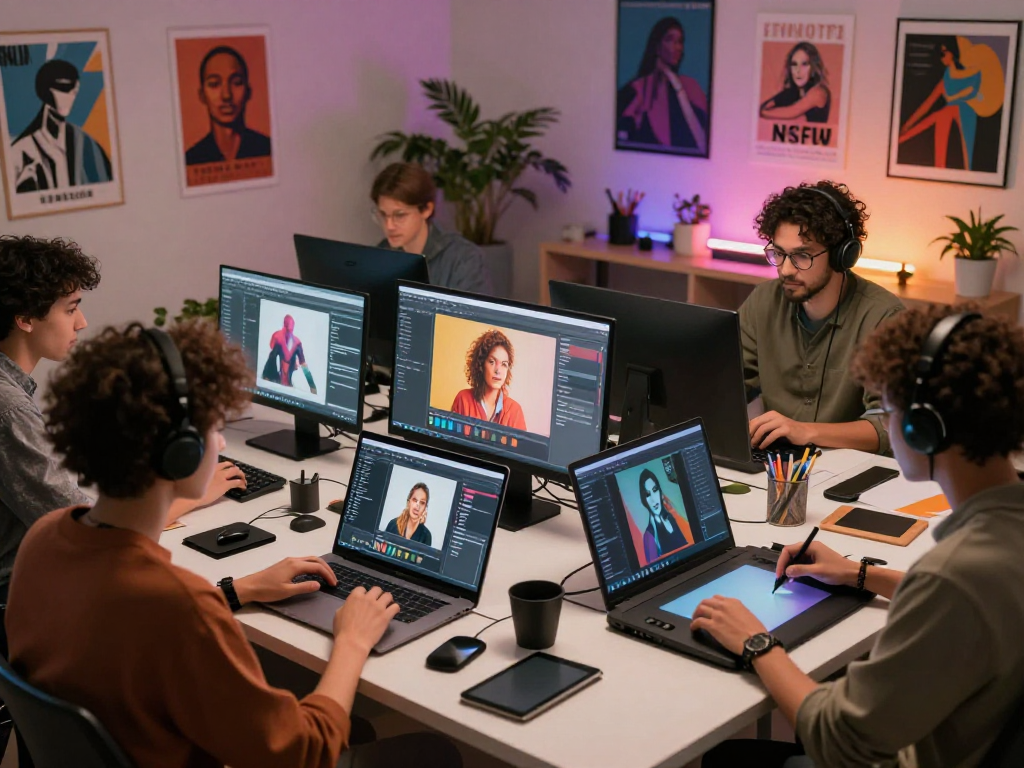 NSFW AI workspace with diverse creatives collaborating on digital art, modern studio setting.