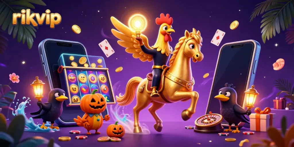 Experience thrilling gameplay with rikvip, showcasing golden rooster and casino elements.