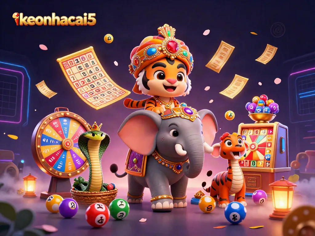Experience keonhacai5 with a vibrant, dynamic gambling scene featuring colorful lottery elements and exciting 3D characters.