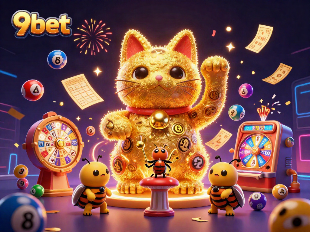 Experience the excitement of 9bet with a dynamic golden lucky cat and vibrant casino symbols.