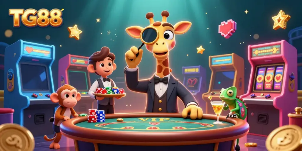 Experience excitement at TG88 with 3D cartoon characters playing poker and enjoying casino games.