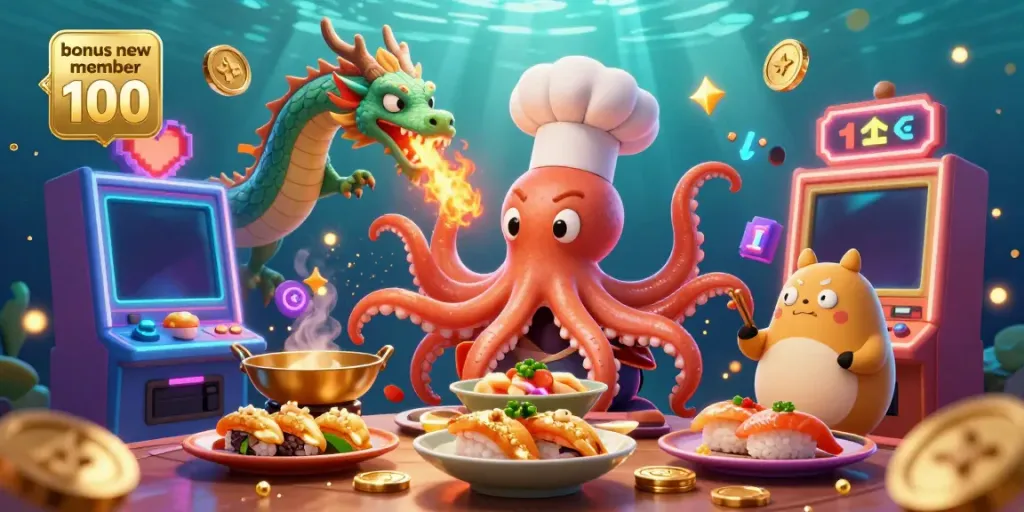 Engaging scene showcasing bonus new member 100 with a sushi chef octopus and colorful slot machines.