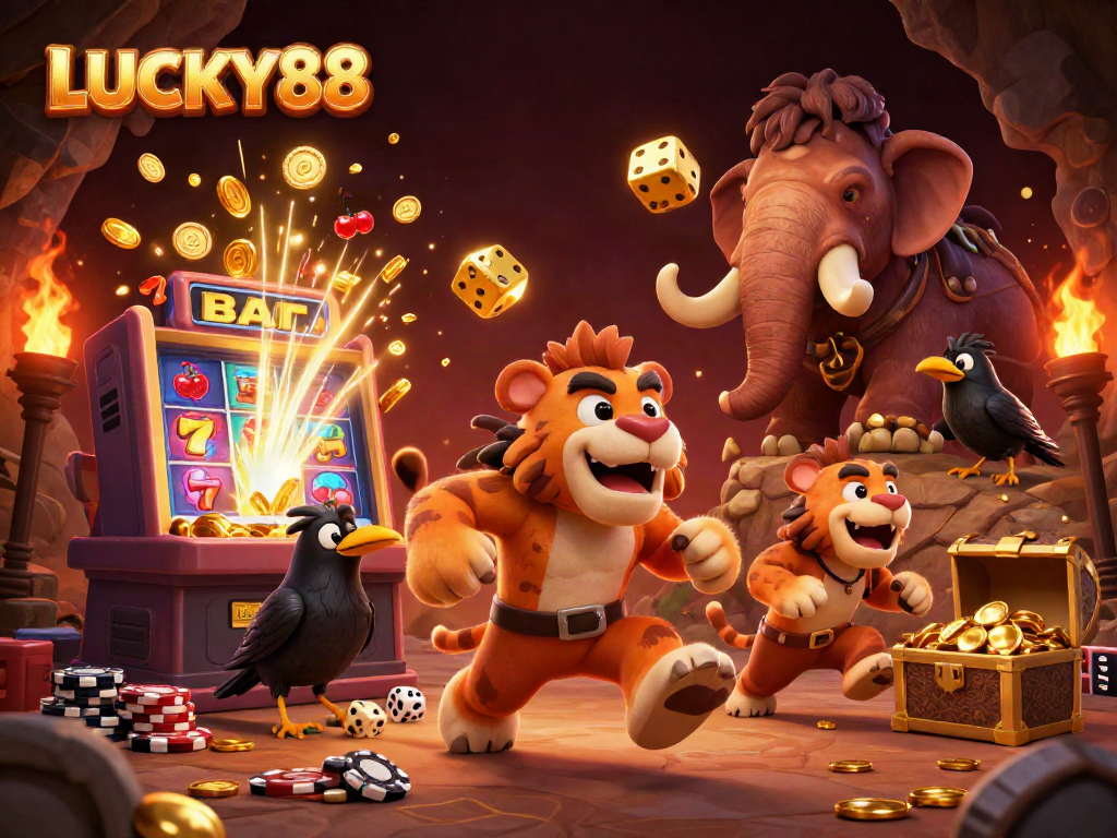 Experience the excitement at LUCKY88's vibrant casino scene featuring a whimsical set of characters.