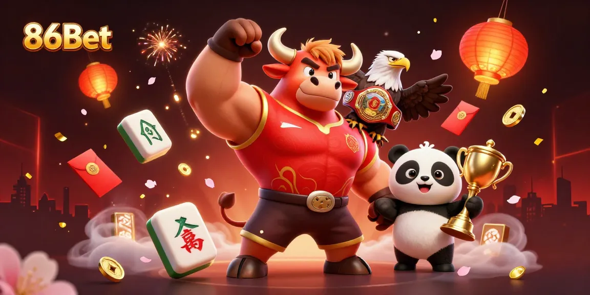 Experience the thrill with 86Bet through a vibrant 3D illustration of a jubilant casino scene.