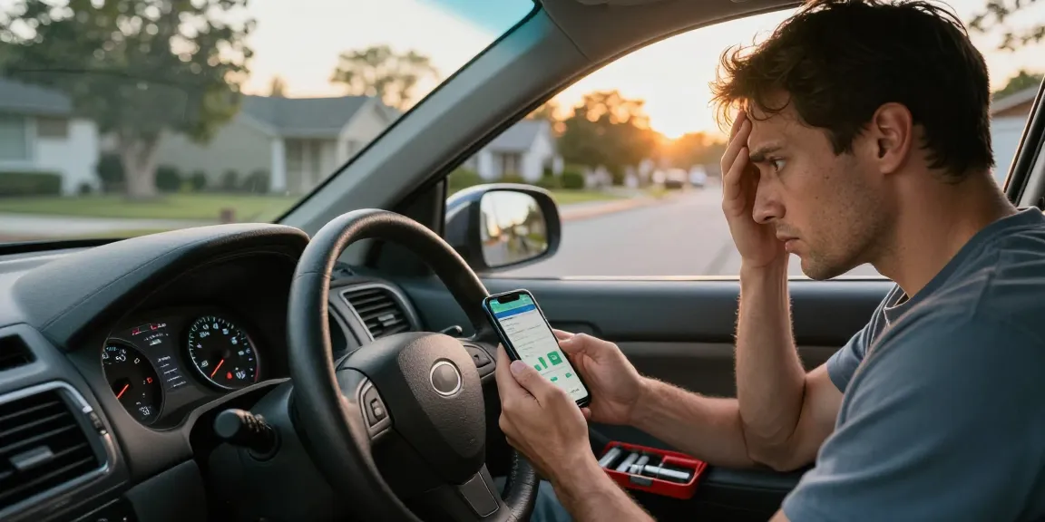 Auto consuma troppo: Car owner checking dashboard for excessive fuel consumption while seeking solutions in warm suburban evening light.