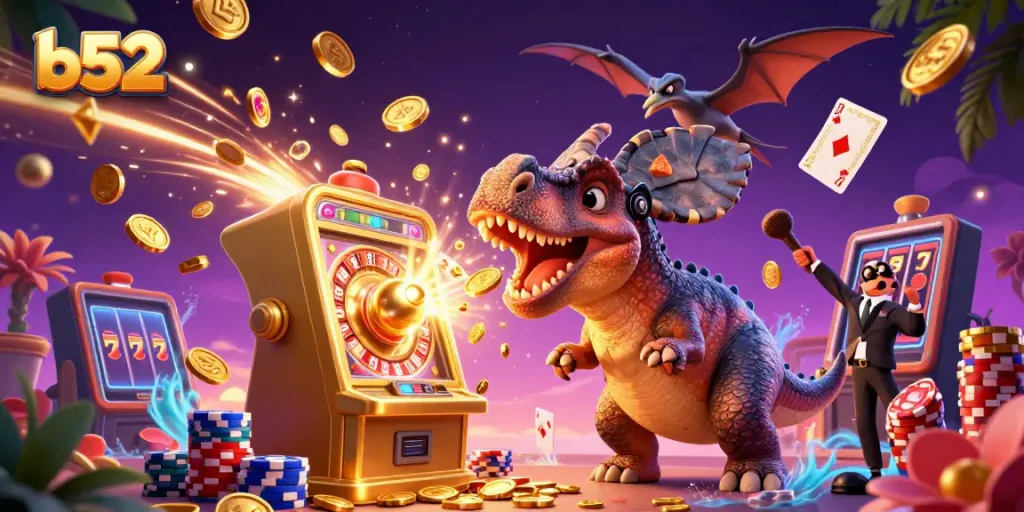 Experience the b52 excitement with a dinosaur-themed casino illustration featuring jackpot coins cascading from a golden slot machine.