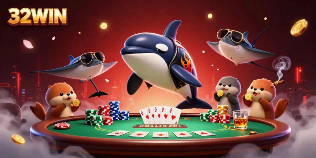 Experience thrilling 32WIN gaming with an action-packed illustration featuring an orca, stingray, and sea otters immersed in casino excitement