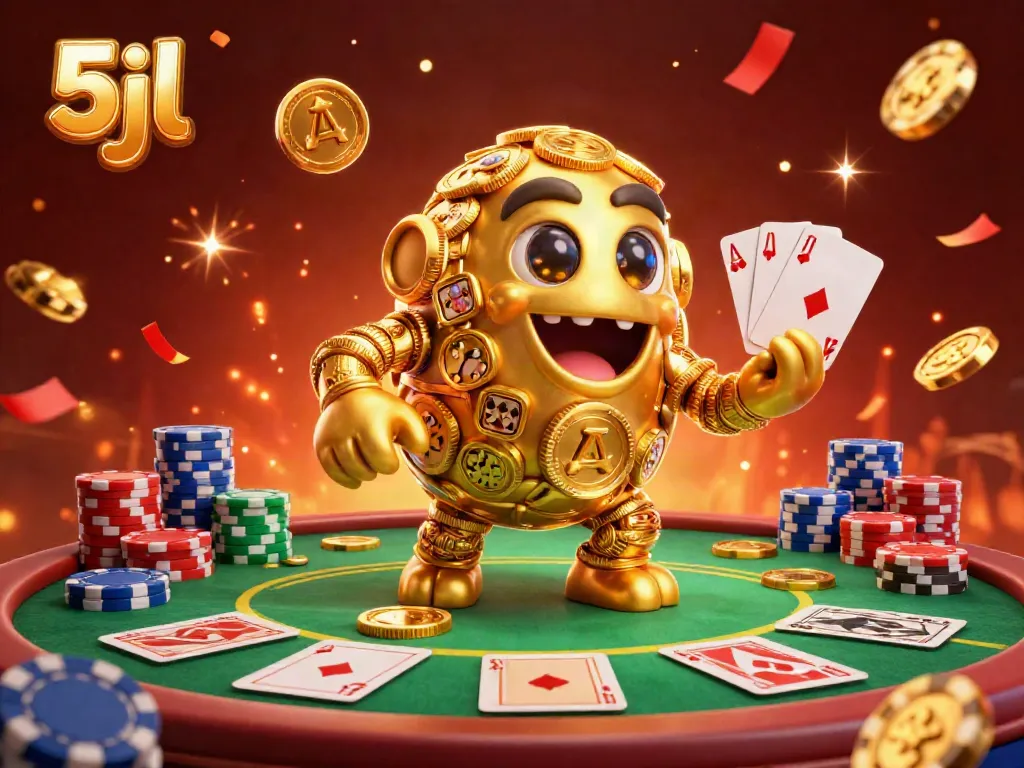 Engage with the thrilling 5jl golden golem, surrounded by vibrant poker elements and celebratory confetti.